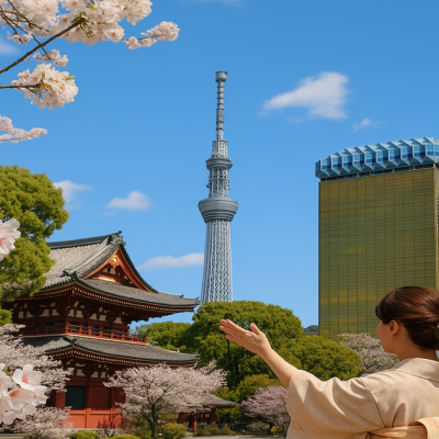 桜の木の下でスカイツリーを背景に、和装の女性が未来を指し示しているように立っている風景